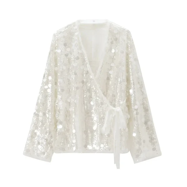 YENKYE Nuove Donne di Autunno Con Paillettes Kimono Giacca Cappotto Manica Lunga Con Scollo A V Femminile Casual Allentato Della Tuta Sportiva Chic Lady Wrap Abiti 2