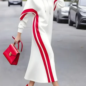 UOOZEE Abito longuette con cappuccio a righe con coulisse alla moda da donna Colore a contrasto Maniche lunghe Abiti lunghi bianchi da ufficio casual larghi 1