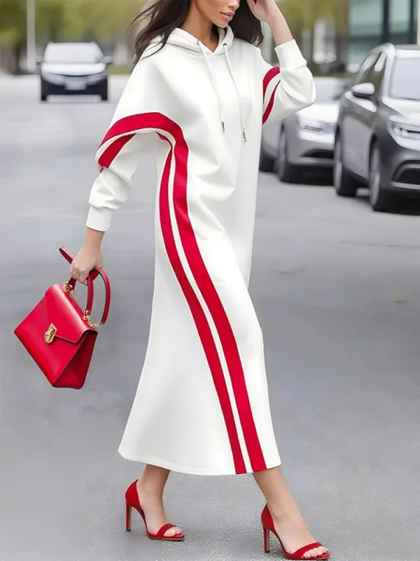 UOOZEE Abito longuette con cappuccio a righe con coulisse alla moda da donna Colore a contrasto Maniche lunghe Abiti lunghi bianchi da ufficio casual larghi 1