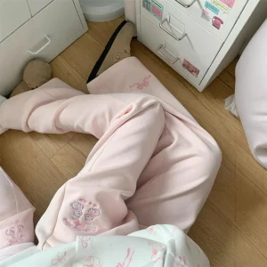 Pantaloni casual foderati in pile ricamati simpatico cartone animato Pantaloni da donna a vita alta dimagranti a gamba larga Pantaloni lunghi fino al pavimento Autunno Inverno Nuovo St 1
