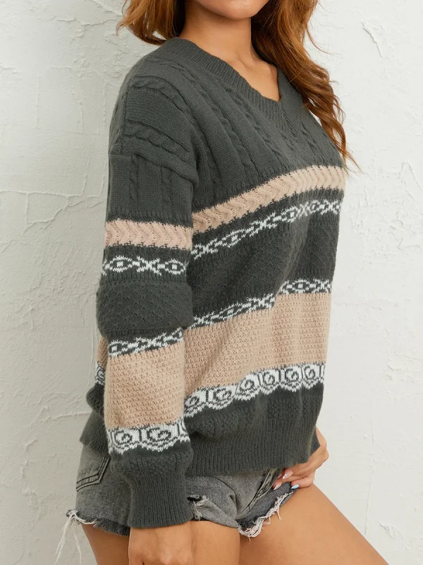 Moda donna maglione selvaggio a righe Patchwork scollo a v manica lunga oversize lavorato a maglia top 2024 autunno inverno Casual pullover larghi 4