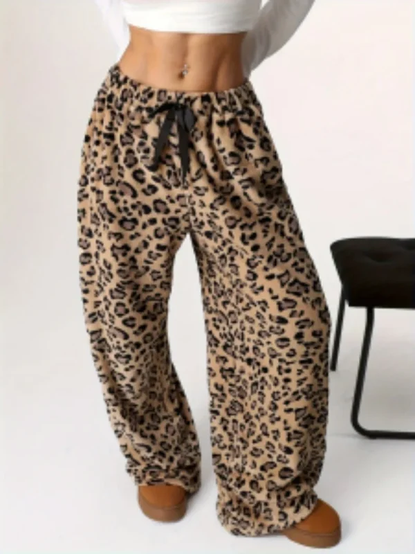 Pantaloni lunghi larghi da donna moda primavera autunno moda donna casual nuovi pantaloni stringati a gamba larga con stampa leopardata 1