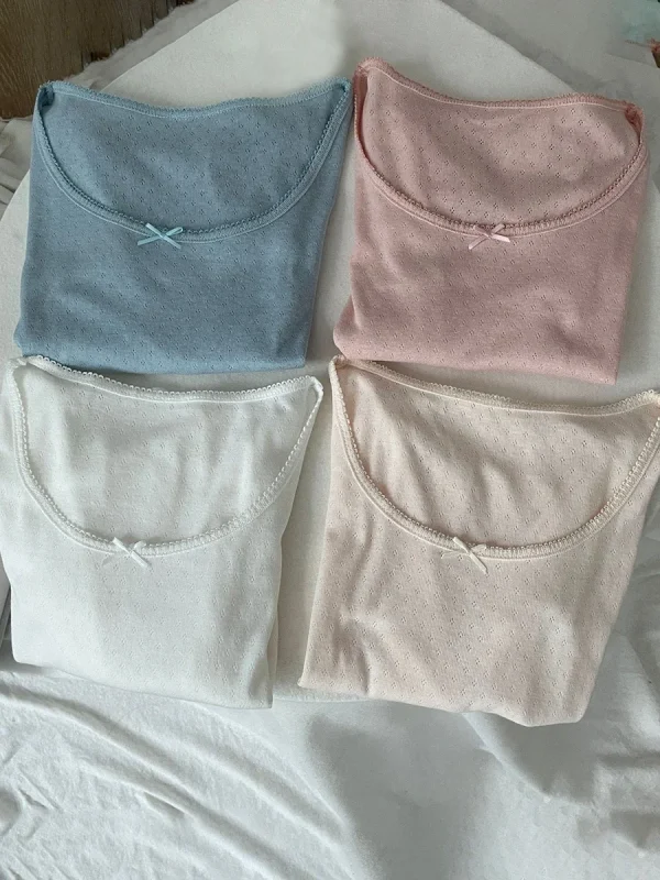 T-shirt a maniche lunghe sottile con occhielli con fiocco Donna Autunno Sexy Scoop Neck Orlo a fungo T-shirt sottile in cotone Solido semplice dolce Tee Y2k Top 3