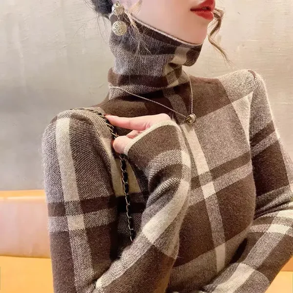 Autunno Inverno Moda elegante maglioni dolcevita scozzesi Abbigliamento donna Casual All-match Pullover in maglia a maniche lunghe Chic Slim Top 3