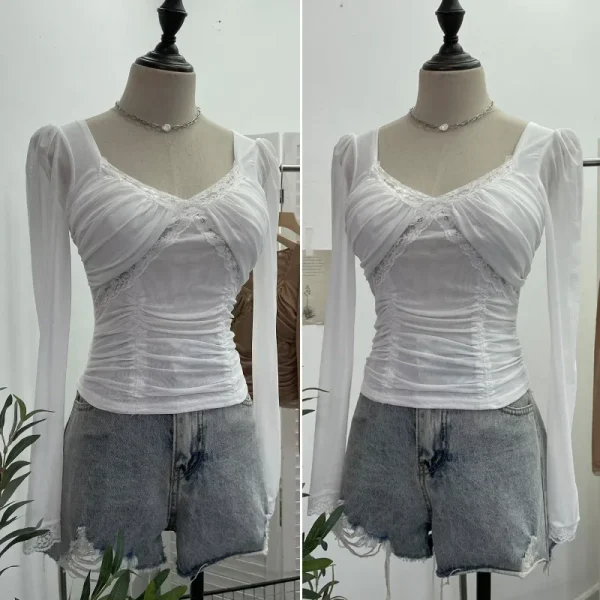 T-shirt a maniche lunghe in rete impiombata con pizzo rivelatore del seno imbottito sexy da donna T-shirt corta slim fit Y2K Top Partyclub Leisure 2673 3
