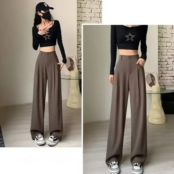 Pantaloni da abito eleganti drappeggiati a gamba larga Pantaloni da donna a vita alta dritti casual lunghi fino al pavimento Primavera Autunno Nuovo stile 2
