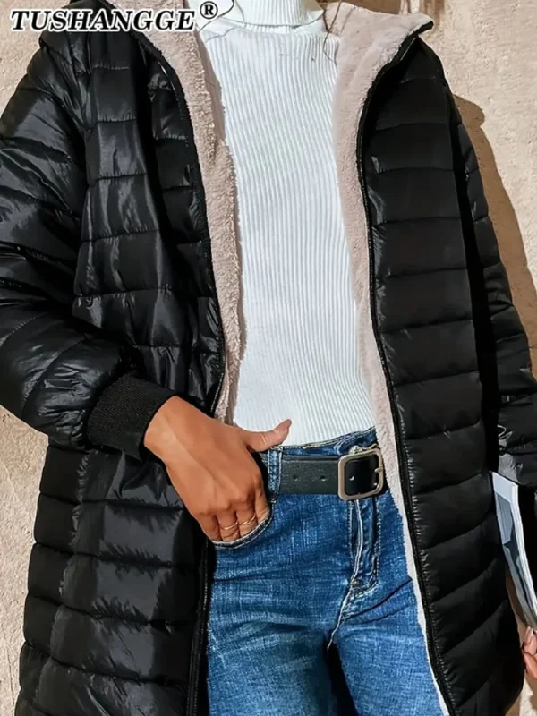 Nuova edizione coreana di media lunghezza con cappuccio giacche da donna autunno inverno cappotti di cotone da ufficio di media lunghezza caldo parka in pile di agnello 5