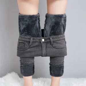 Jeans a vita alta slim fit ispessiti foderati in pile di colore puro Pantaloni lunghi da donna taglie forti stile aderente attillato 1