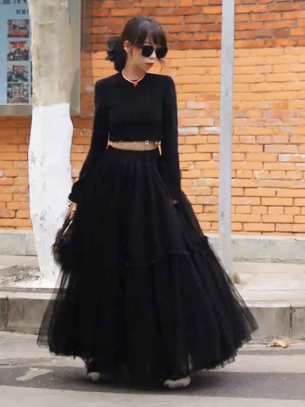 Gonna da donna in tulle con volant multistrato Gonna lunga soffice a pieghe a vita alta Abito da torta da fata Gonna lunga da festa con tutù 5