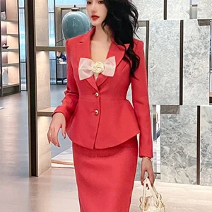 Moda donna elegante 2 pezzi abito set cappotto professionale giacca squisita paillettes lucide cinturino rosa abito vestido outfit 1