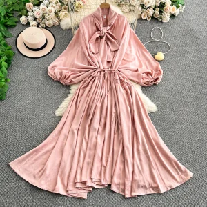 2025 Nuovo francese retrò pizzo con fiocco scollo a V manica lanterna Maxi abito da donna Casual Vintage Fashion Party grande gonna lunga altalena 1