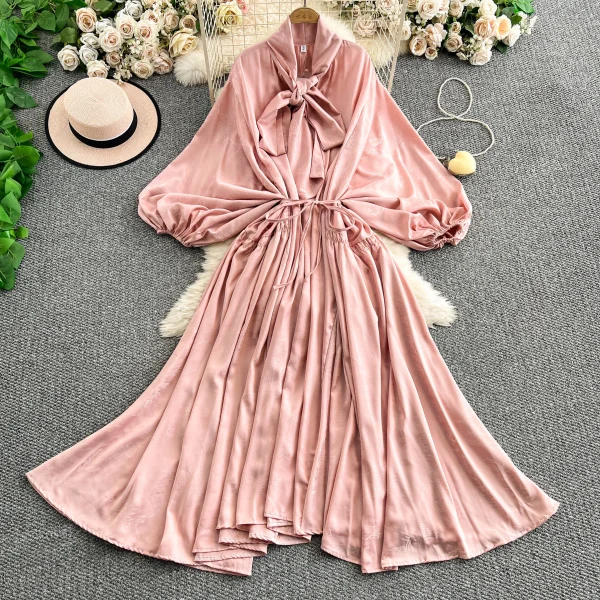 2025 Nuovo francese retrò pizzo con fiocco scollo a V manica lanterna Maxi abito da donna Casual Vintage Fashion Party grande gonna lunga altalena 1
