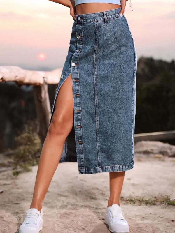 Benuynffy Gonna da donna con bottoni streetwear sexy Autunno Inverno Elegante gonna di jeans Gonne lunghe aderenti casual a vita alta femminile 2