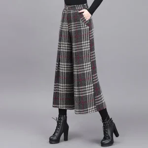Pantaloni scozzesi alla moda a gamba larga Pantaloni corti Pantaloni da donna Inverno Nuovi pantaloni con gonna ispessita Pantaloni con gamba altalena 1