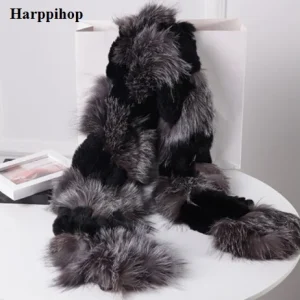 Harppihop pelliccia di volpe argento colore nero nuova pelliccia di volpe c/w sciarpa di pelliccia di coniglio rex avvolgere scialle del capo miglior regalo di natale regalo di compleanno 1