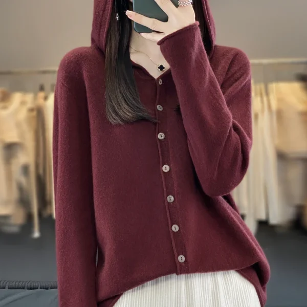 Cardigan lavorato a maglia in lana merino 100% prima linea Felpa con cappuccio autunno e inverno da donna Maglione allentato Cappotto versatile alla moda Top YC014 2