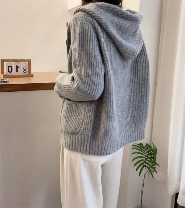 FRSEUCAG allentato casual 100% lana cardigan lavorato a maglia maglione con cappuccio da donna maglione di lana da donna a maniche lunghe corto vendita calda 5