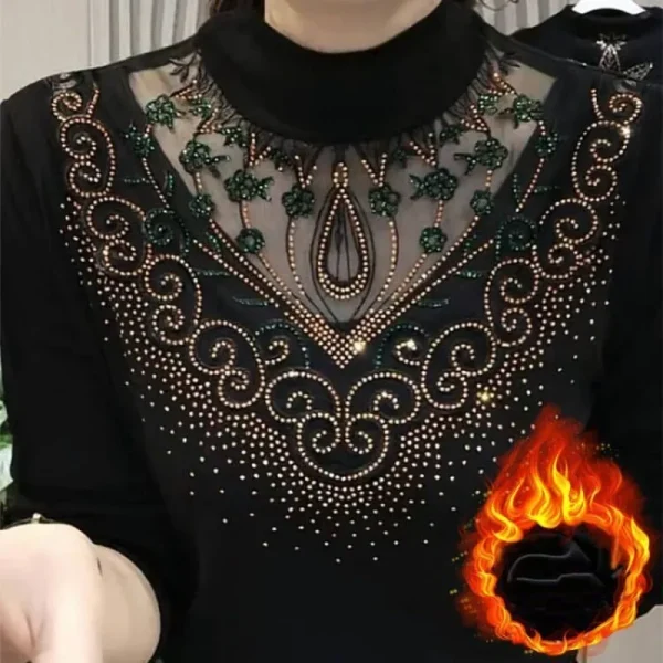 2023 Autunno e Inverno Pullover da donna Mezza collo alto in pizzo Scava fuori Strass Sottile sottofondo Moda Casual Top a maniche lunghe 2