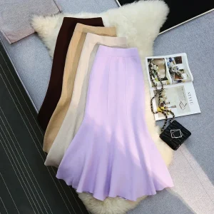 Seoulish 2024 nuovo autunno inverno a vita alta gonne a maglia da donna alla moda tinta unita coreano ufficio signora gonne Casual 1