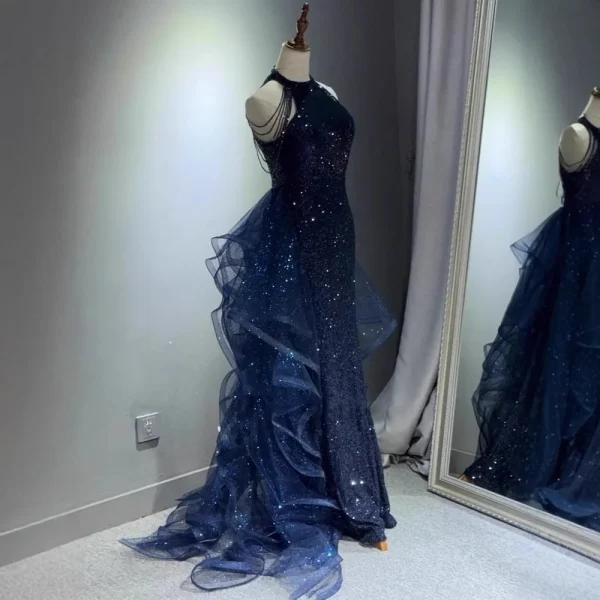 Abiti da sera eleganti blu navy scintillanti Halt Abito da festa con perline Abito da ballo personalizzato 2025 Abiti da sera a strati Sweep Train 3
