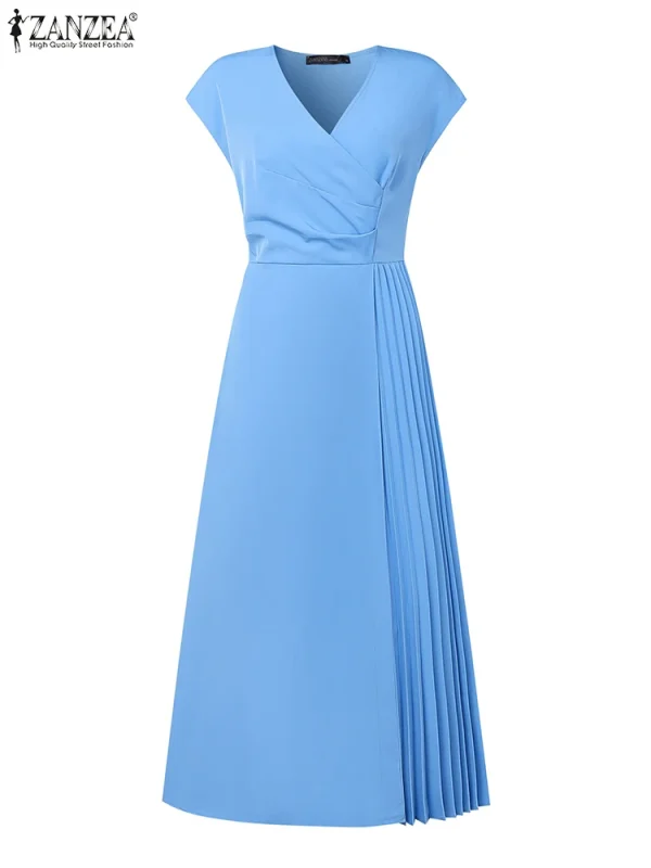 ZANZEA Ufficio Abiti da donna 2025 Elegante scollo a V senza maniche Abito da festa Solido Pieghettato Vestito estivo Elegante Vita Maxi Abiti lunghi 2