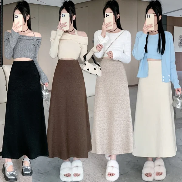 Autunno Inverno Vintage di Lana delle Donne A-line Gonne 2025 Nuova Vita Alta Solido Coreano Casual Allentato Ombrello Gonna Lunga Femminile 5