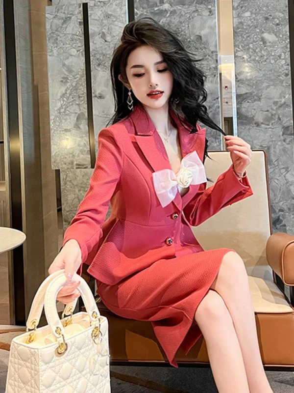 Moda donna elegante 2 pezzi abito set cappotto professionale giacca squisita paillettes lucide cinturino rosa abito vestido outfit 4