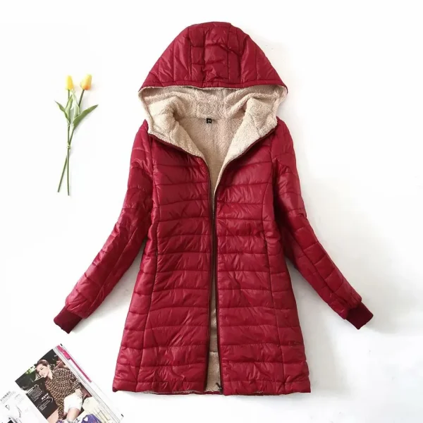 Nuova edizione coreana di media lunghezza con cappuccio giacche da donna autunno inverno cappotti di cotone da ufficio di media lunghezza caldo pile di agnello Parka jack 6