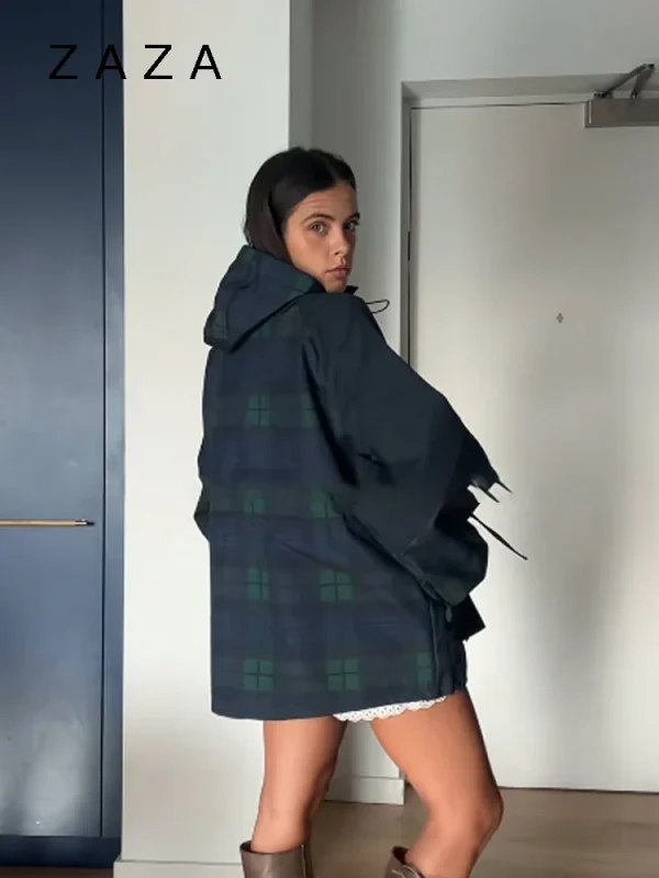 Giacca da donna allentata con griglia vintage Cappotto con colletto allentato oversize con cappuccio a maniche lunghe Capispalla con lacci 2025 New Lady Streetwears 3