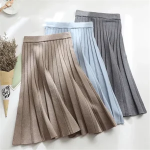 Gonna longuette lavorata a maglia da donna elegante gonna lunga a pieghe a vita alta nera coreana 2024 primavera autunno inverno Faldas Femme Jupes 1