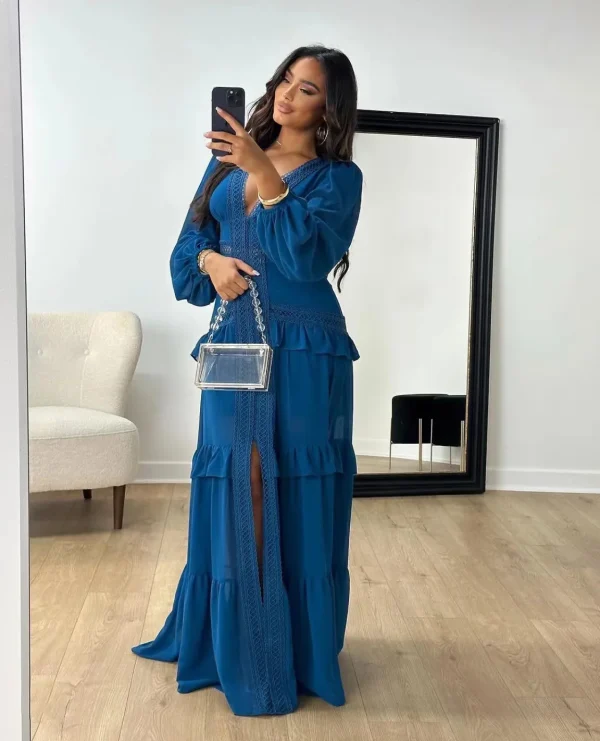Abito lungo vintage vuoto Abiti da donna con scollo a V di lusso Abiti da sera chic per invitati a un matrimonio Damigella d'onore Boho Party Estate Verde Blu Nuovo 4