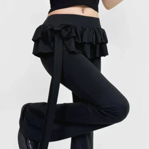 Deeptown Y2k Bow Ruffles Pantaloni a zampa d'elefante Donna Sexy Vita bassa Slim Casual Gonne Pantaloni Autunno Inverno Street Coquette Pantalones 1