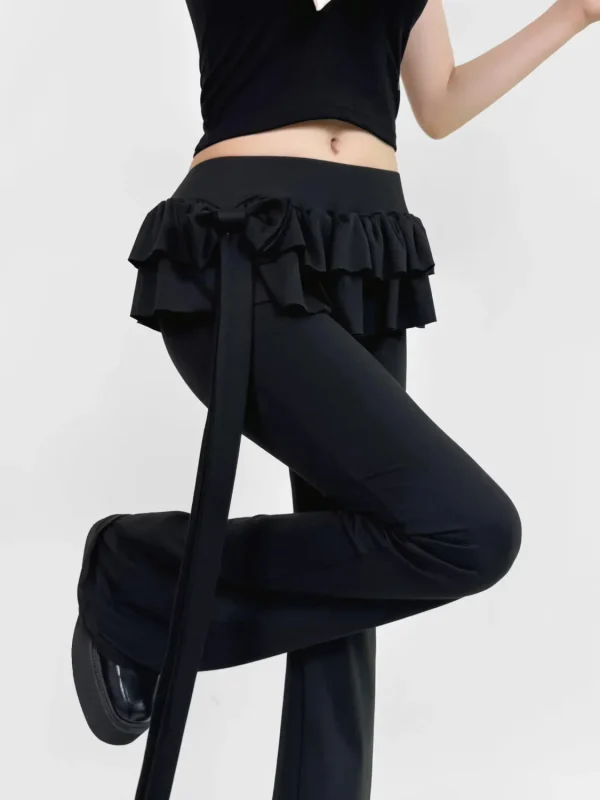Deeptown Y2k Bow Ruffles Pantaloni a zampa d'elefante Donna Sexy Vita bassa Slim Casual Gonne Pantaloni Autunno Inverno Street Coquette Pantalones 1