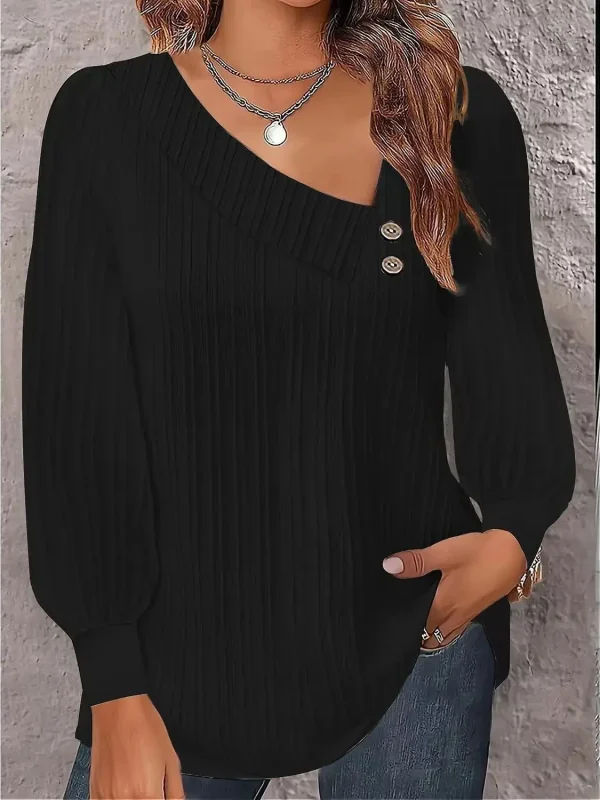 Boho Camicetta bianca da donna Top Autunno Casual Semplice scollo a V Bottoni Camicia a pieghe a maniche lunghe nera T-shirt da donna allentata 5