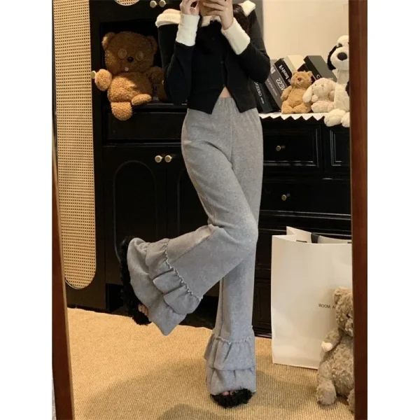 Pantaloni svasati da donna casual all'inizio della primavera con bordi carini Pantaloni lunghi elastici Pantaloni versatili con finiture floreali Dolce adorabile nuovo stile 3