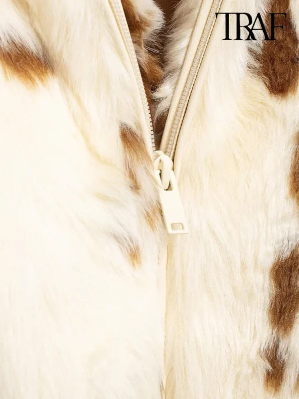 Moda Donna 2024 Autunno e inverno in Europa e negli Stati Uniti nuovo risvolto tasche laterali design zip frontale maniche lunghe caldo cappotto retrò semplice versatile pelliccia sintetica cappotto contrasto 6