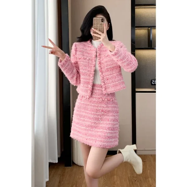 Temperamento Rosa Elegante Giacca da donna 2024 Autunno e Inverno Cappotto corto Top Gonna a vita alta Office Lady Set a due pezzi 4