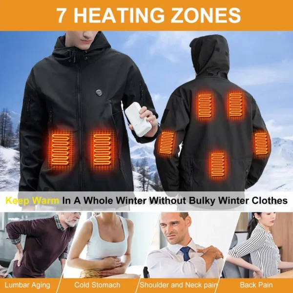 Giacca riscaldata Giacca riscaldante invernale Cappotto antivento da sci con cappuccio 7 zone riscaldate Escursionismo Pesca calda Abbigliamento da campeggio per uomo Donna 4