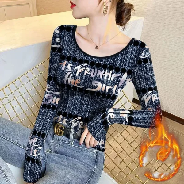 T-shirt Pullover a maniche lunghe stampata Slim a maniche lunghe con scollo alto e fondo autunno e inverno da donna 2