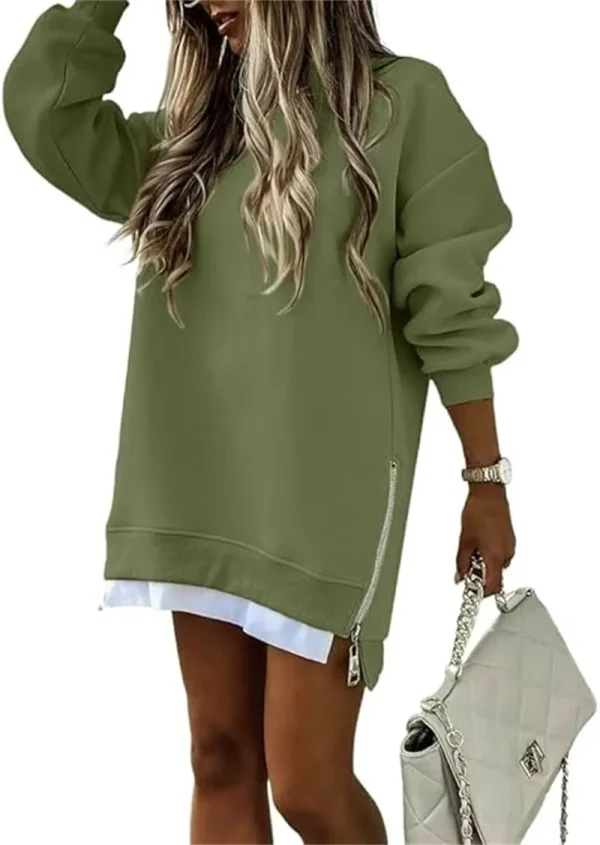 Felpa da donna primavera autunno moda splicing design con cerniera laterale girocollo maniche lunghe top irregolari di media lunghezza 6