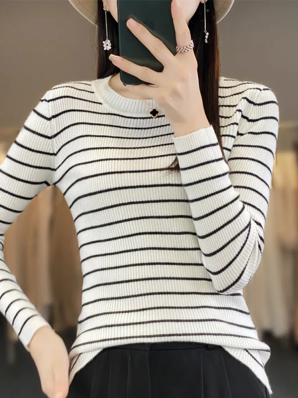 Maglione da donna O-Collo a maniche lunghe a righe Pullover caldi Autunno Inverno Maglione lavorato a maglia Camicie coreane alla moda primaverile 5