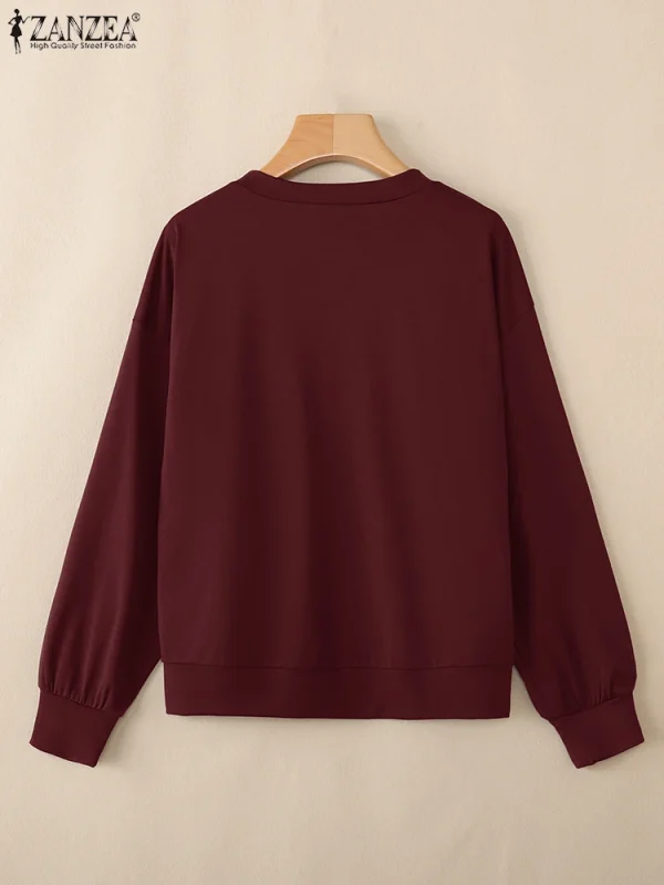 ZANZEA 2025 Felpe da donna Solido Manica lunga Casual Felpe allentate Moda O-Collo Autunno Pullover Capispalla a pieghe 5