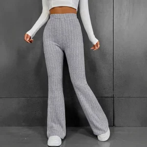 Pantaloni casual a vita alta con vestibilità ampia e fondo a campana lunga per donna Pantaloni comodi a gamba larga con motivo a righe nuovo arrivo 1