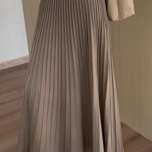 2026 Gonna longuette lavorata a maglia in cashmere kaki da donna, vestibilità ampia, drappeggiata, gonna a pieghe a trapezio snellente per l'autunno e l'inverno 1