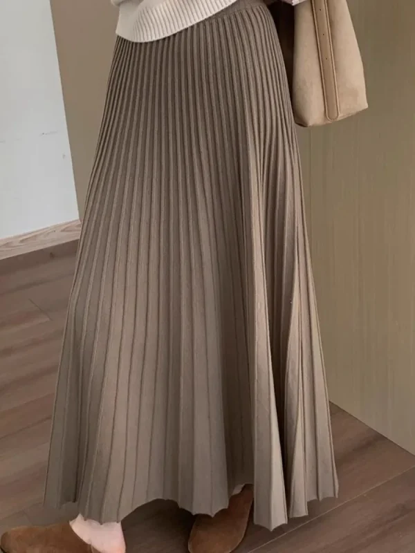 2026 Gonna longuette lavorata a maglia in cashmere kaki da donna, vestibilità ampia, drappeggiata, gonna a pieghe a trapezio snellente per l'autunno e l'inverno 1