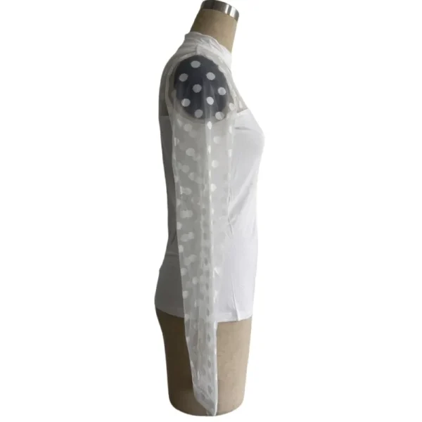 Nuova maglietta autunno e inverno in pizzo patchwork a pois da donna a maniche lunghe con colletto rialzato è dimagrante e versatile 5