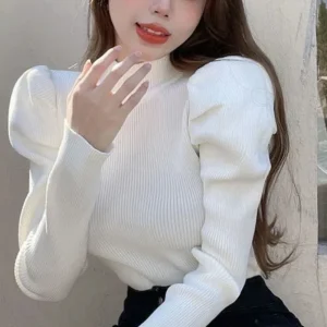Autunno Inverno Maniche a palloncino Tinta unita Abbigliamento donna Camicia che tocca il fondo Collo semi alto Nuovo stile Elegante Slim Fit Y2K Maglioni 1
