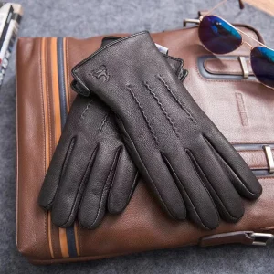 Nuovi guanti da uomo in pelle di pecora al 100%, design con motivo in pelle di cervo, guanti in pelle da uomo caldi e morbidi, guanti da uomo con fodera in peluche 1