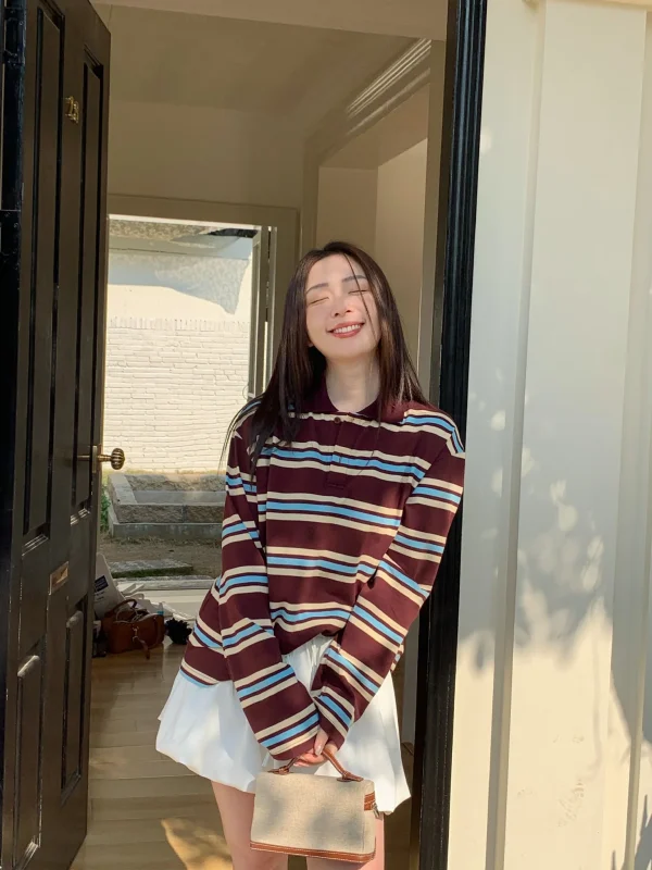 Polo estive Donna Manica lunga Crop Top Color Block Polo con stampa a righe verdi Mujer Top casual a righe Marrone Autunno 1