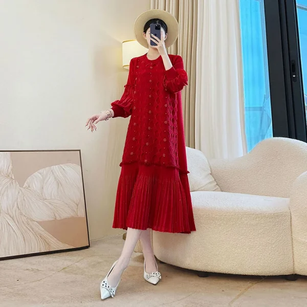 LANMREM Nicchia Perline Design Abito da donna a pieghe larghe Colletto tondo Manica a lanterna Scava fuori Patchwork Famale Abbigliamento DB5110 6
